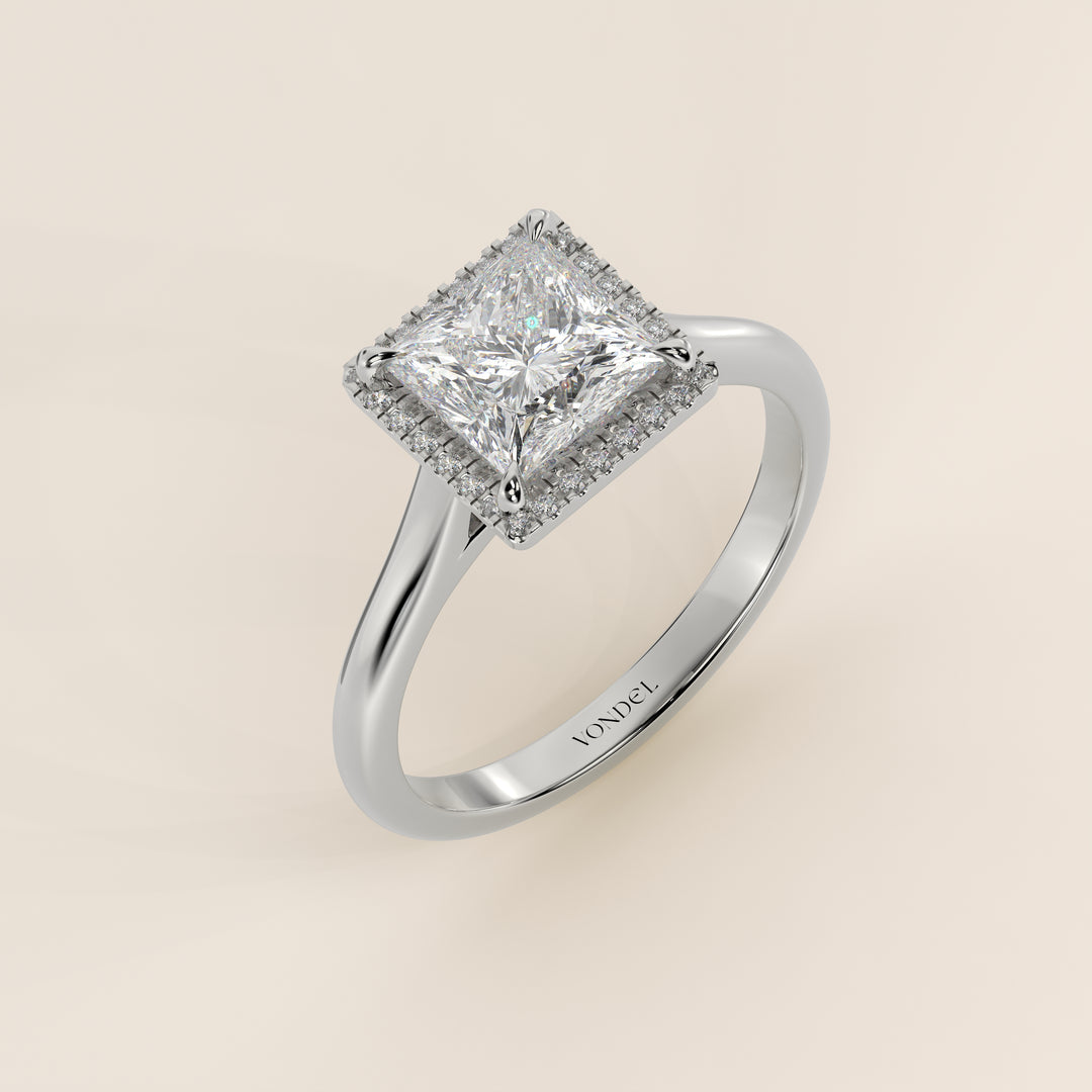 Verlovingsring princess halo lab grown diamant met cathedral en hoge zetting, witgoud