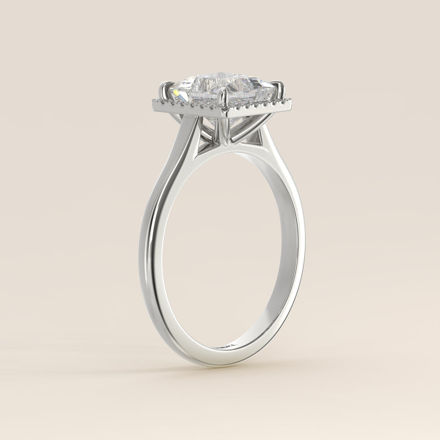 Verlovingsring princess halo lab grown diamant met cathedral en hoge zetting, witgoud