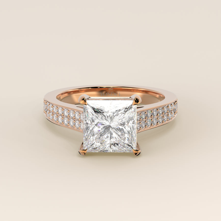 Verlovingsring princess lab grown diamant met brede pave band, cathedral setting en hidden halo, rosegoud