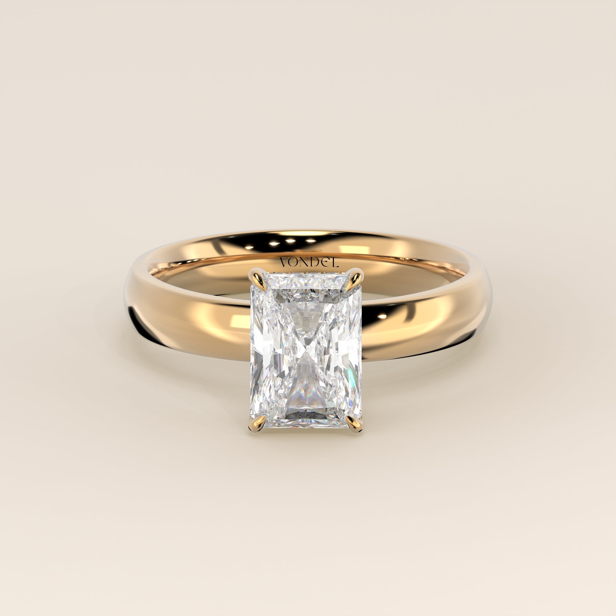 Verlovingsring radiant lab grown diamant met brede band en hidden halo, geelgoud