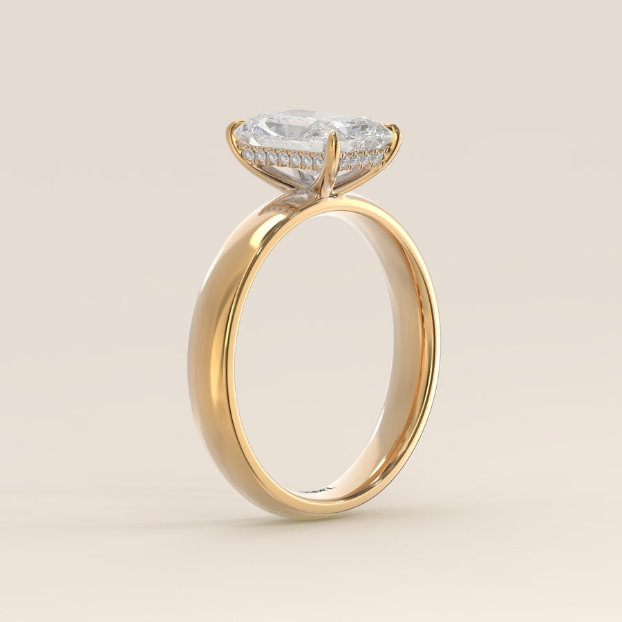 Verlovingsring radiant lab grown diamant met brede band en hidden halo, geelgoud