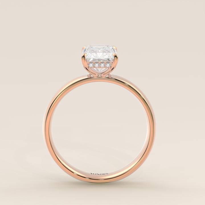 Verlovingsring radiant lab grown diamant met brede band en hidden halo, rosegoud
