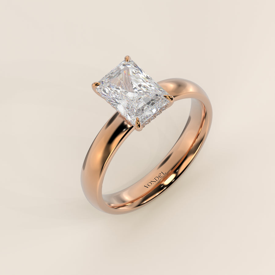 Verlovingsring radiant lab grown diamant met brede band en hidden halo, rosegoud