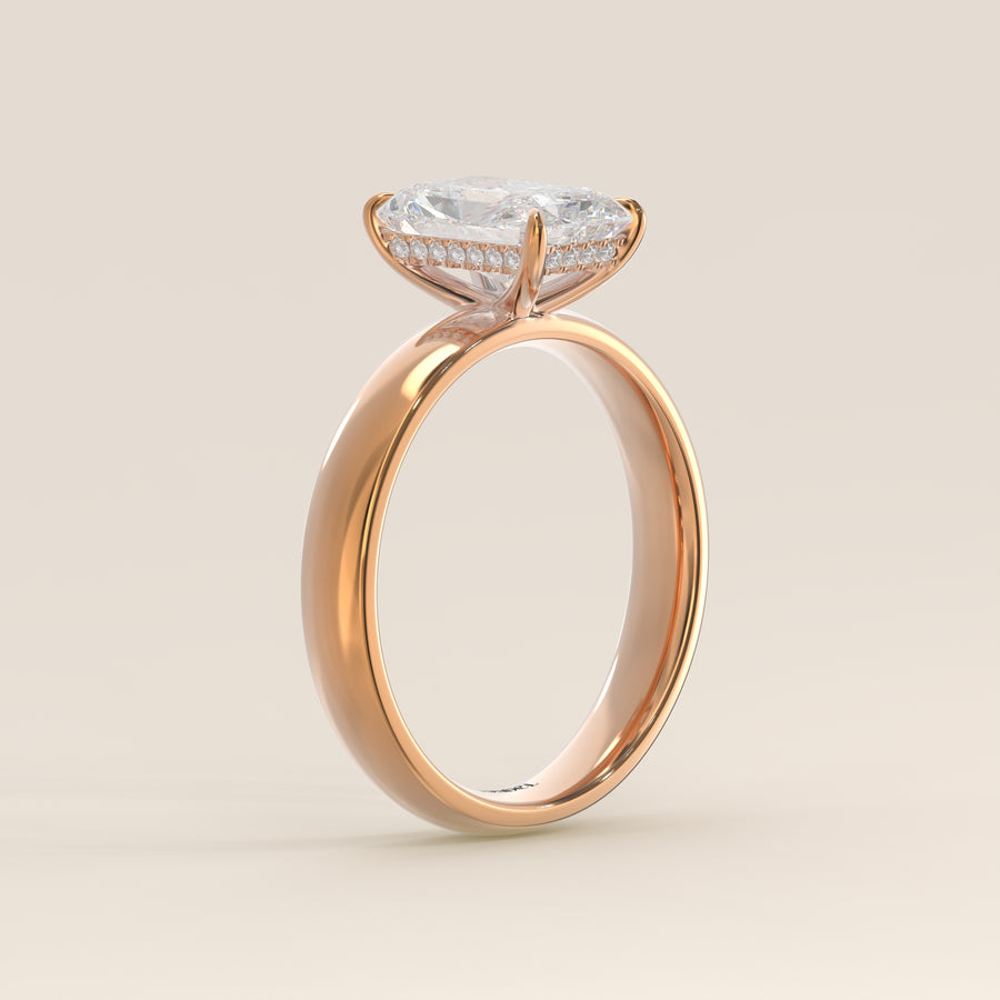 Verlovingsring radiant lab grown diamant met brede band en hidden halo, rosegoud