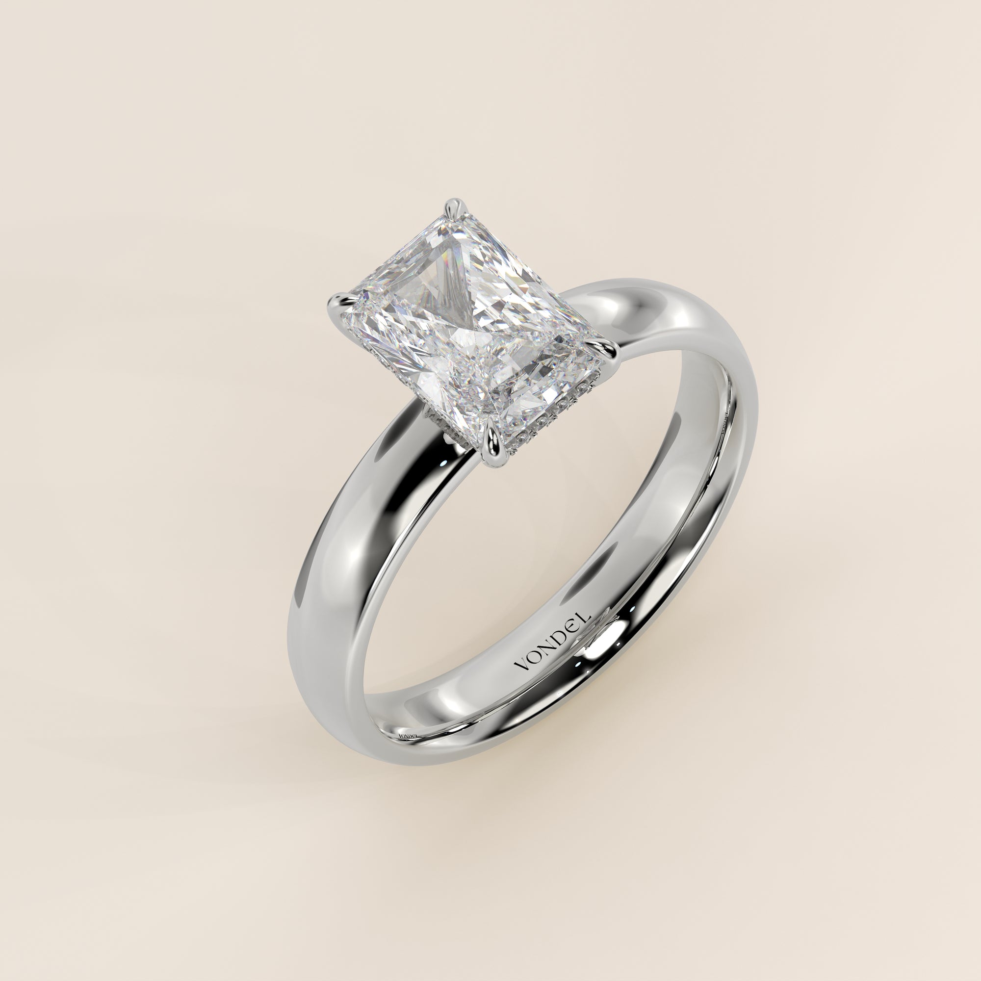 Verlovingsring radiant lab grown diamant met brede band en hidden halo, witgoud