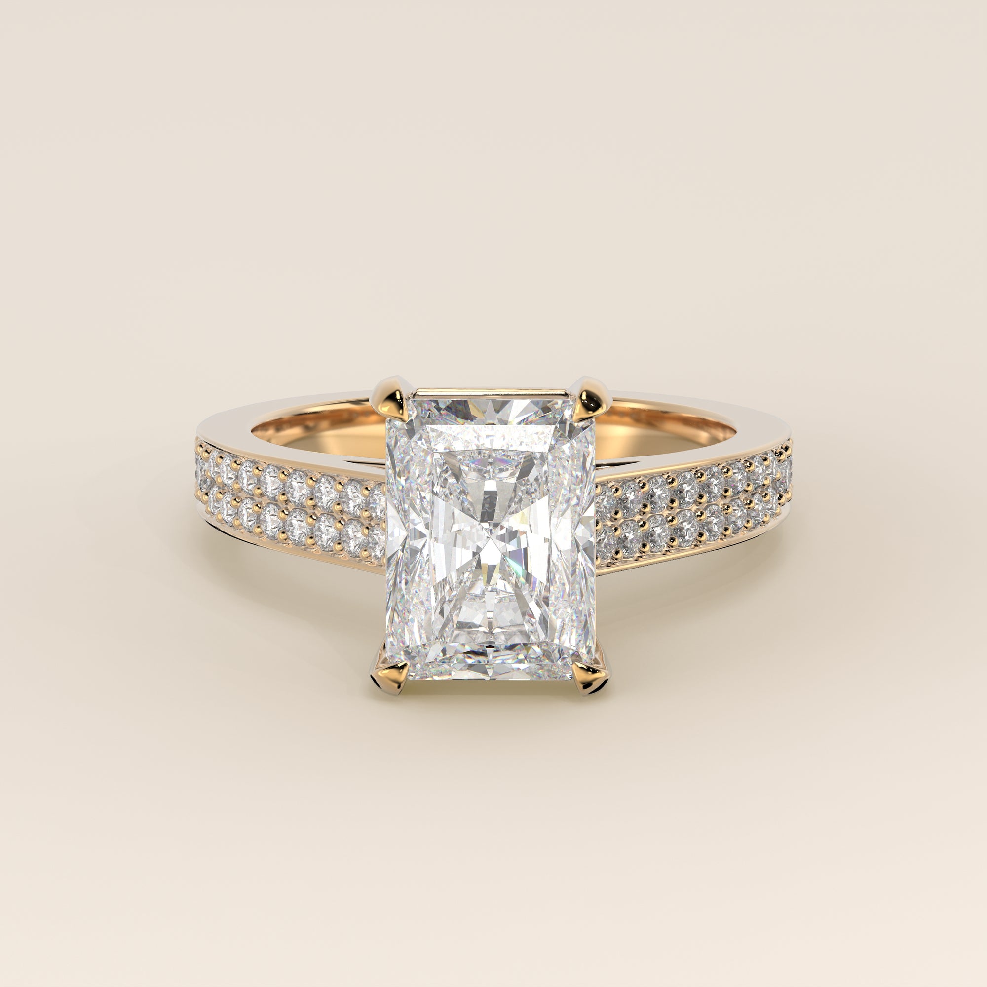 Verlovingsring radiant lab grown diamant met brede pave band, cathedral setting en hidden halo, geelgoud