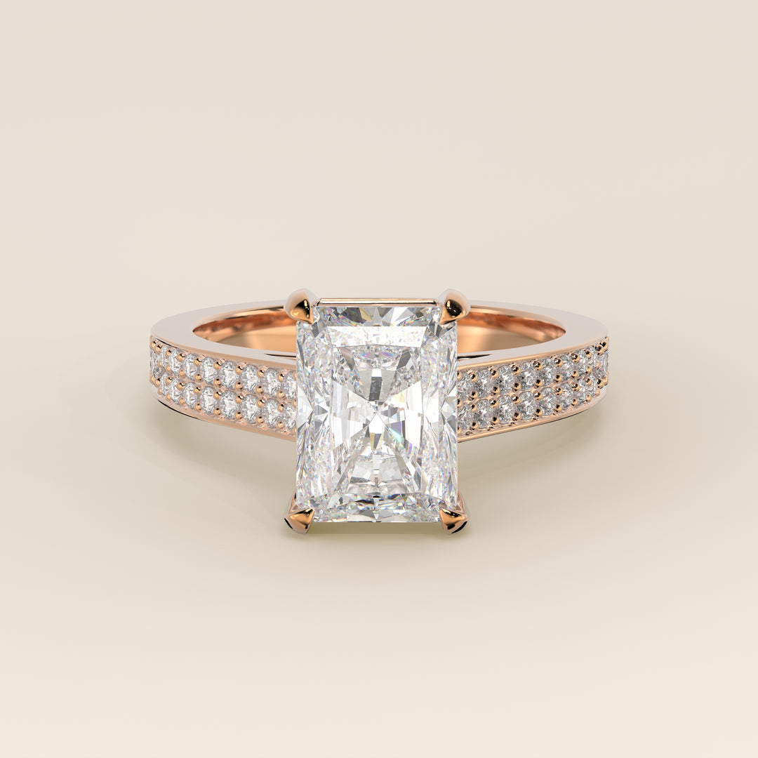 Verlovingsring radiant lab grown diamant met brede pave band, cathedral setting en hidden halo, rosegoud