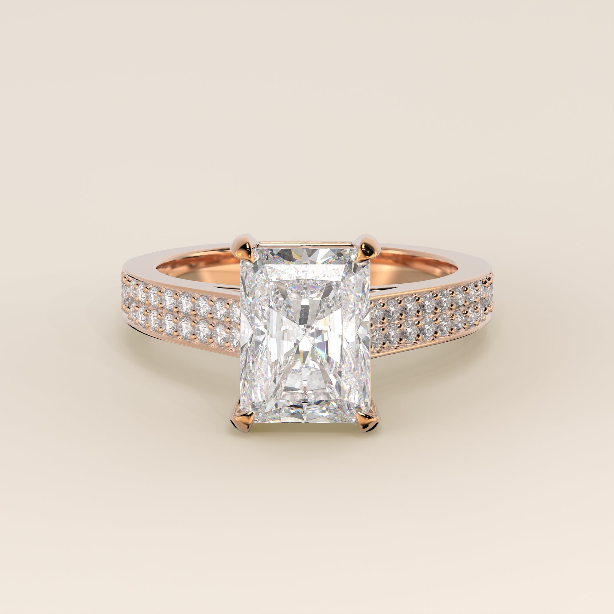 Verlovingsring radiant lab grown diamant met brede pave band, cathedral setting en hidden halo, rosegoud