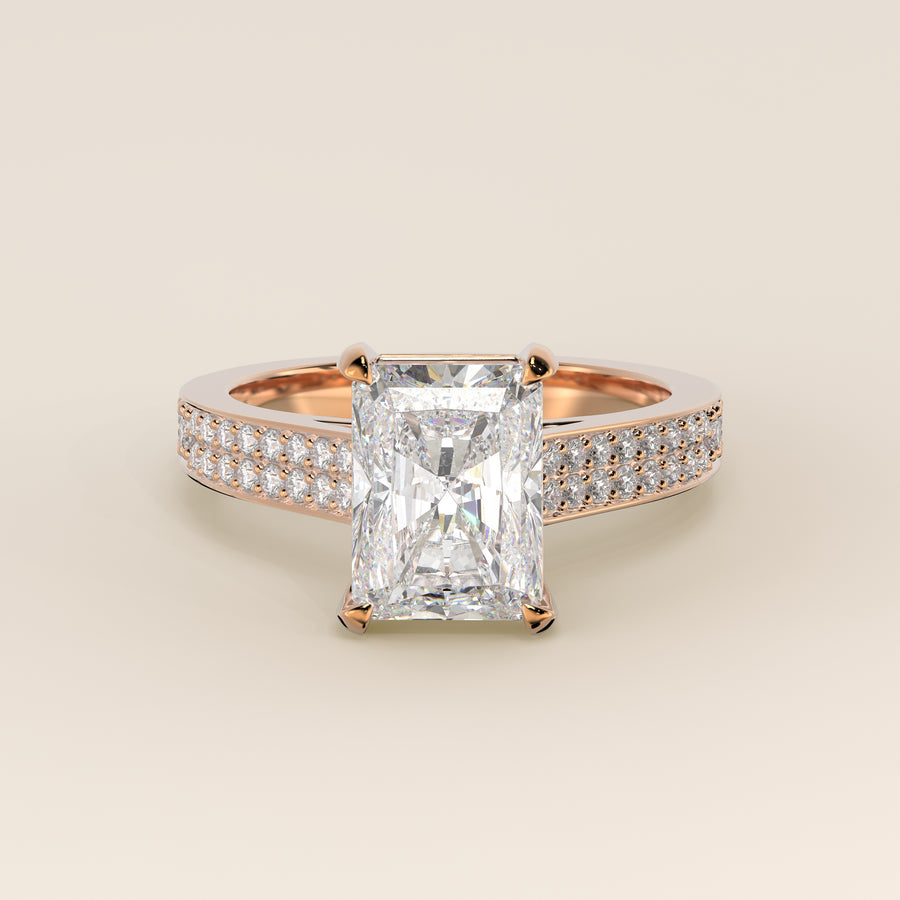 Verlovingsring radiant lab grown diamant met brede pave band, cathedral setting en hidden halo, rosegoud