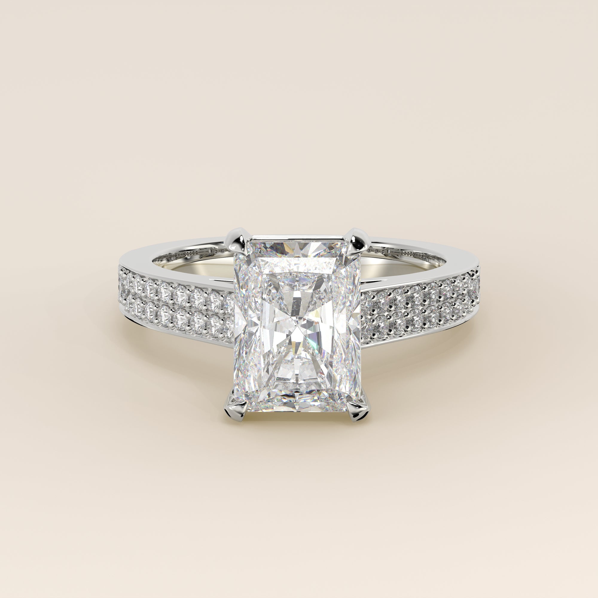 Verlovingsring radiant lab grown diamant met brede pave band, cathedral setting en hidden halo, witgoud