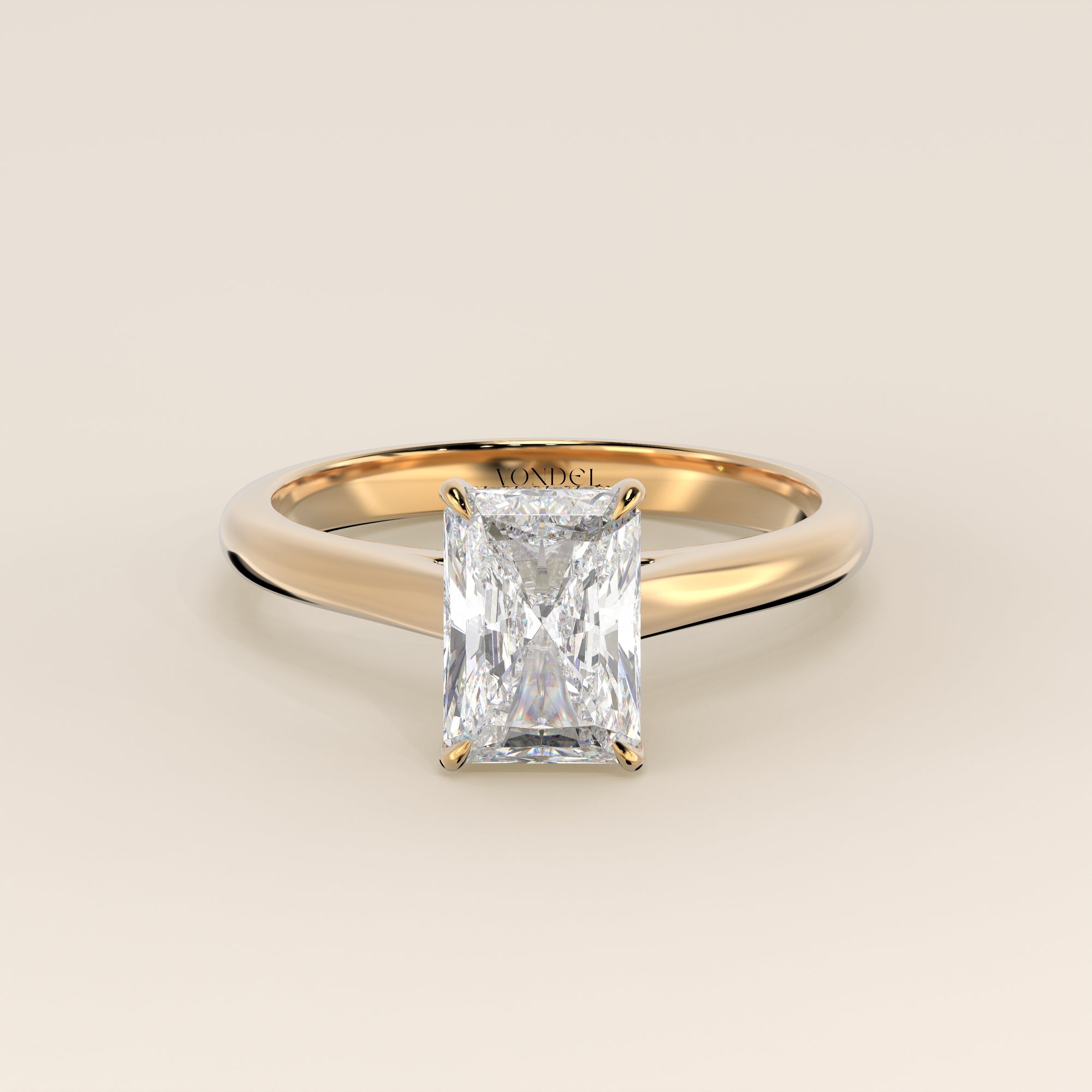 Verlovingsring radiant lab grown diamant met cathedral setting en hidden halo, geelgoud