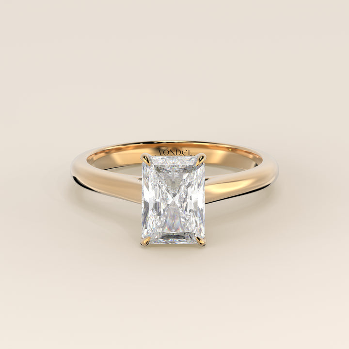 Verlovingsring radiant lab grown diamant met cathedral setting en hidden halo, geelgoud