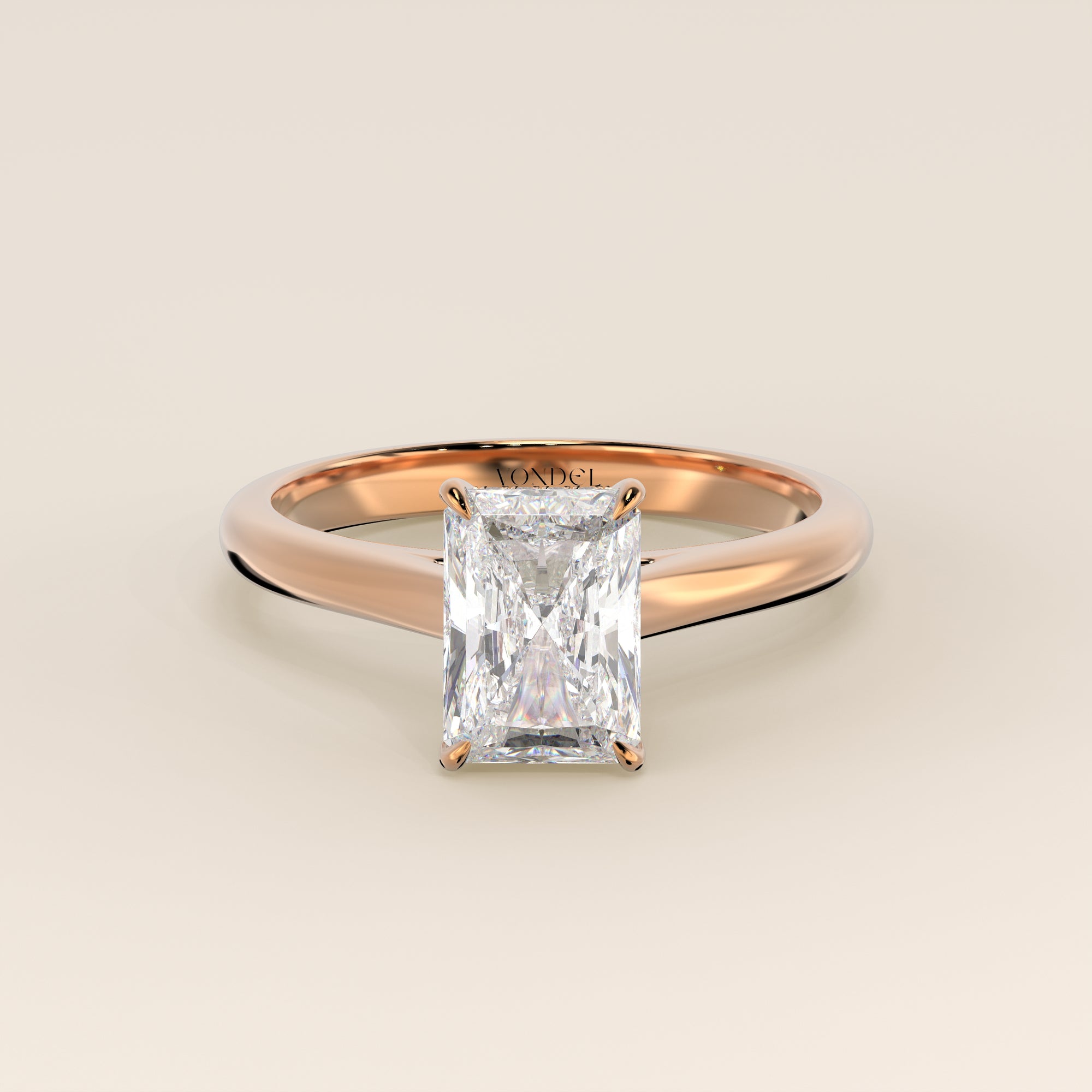 Verlovingsring radiant lab grown diamant met cathedral setting en hidden halo, rosegoud