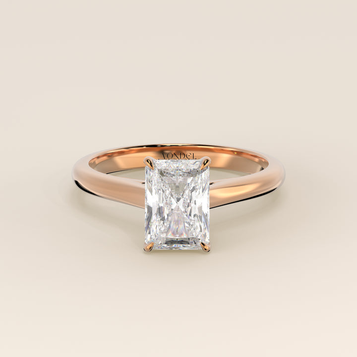 Verlovingsring radiant lab grown diamant met cathedral setting en hidden halo, rosegoud