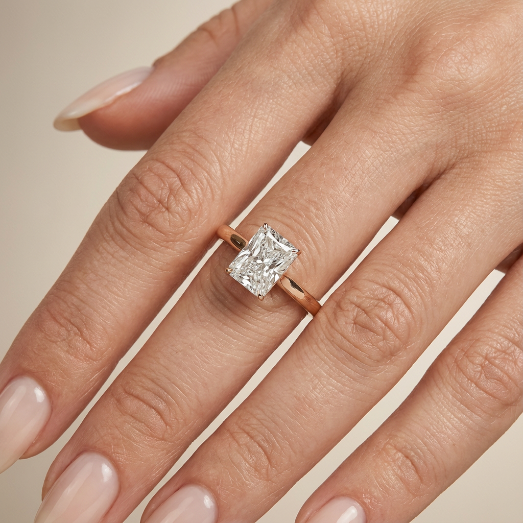 Verlovingsring radiant lab grown diamant met cathedral setting en hidden halo, rosegoud