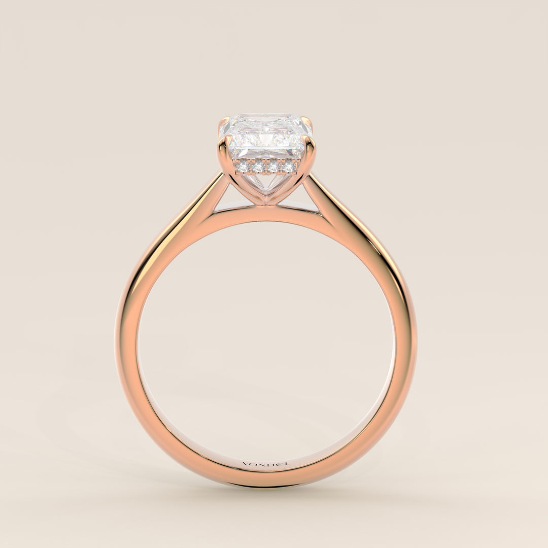 Verlovingsring radiant lab grown diamant met cathedral setting en hidden halo, rosegoud