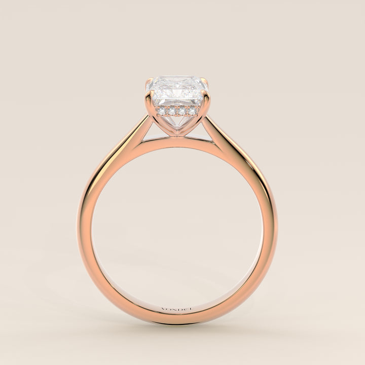 Verlovingsring radiant lab grown diamant met cathedral setting en hidden halo, rosegoud