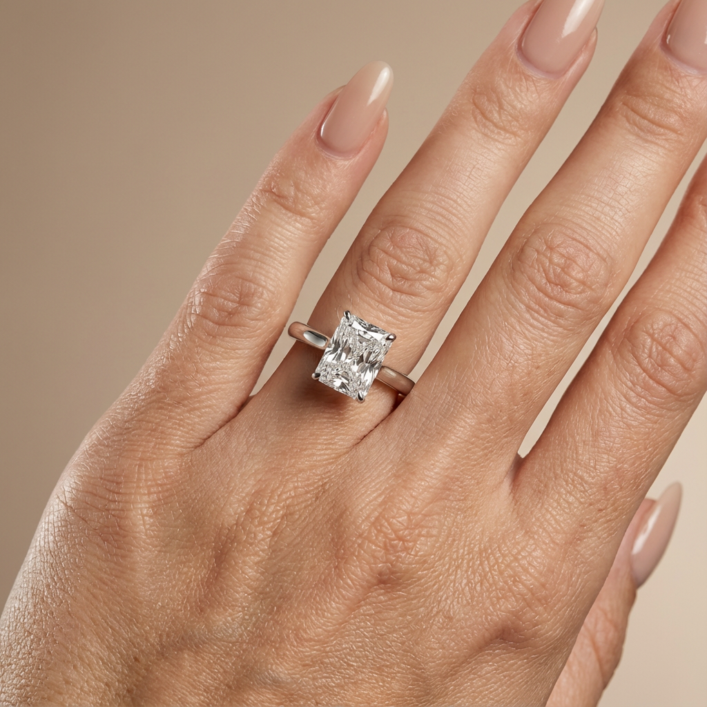 Verlovingsring radiant lab grown diamant met cathedral setting en hidden halo, witgoud