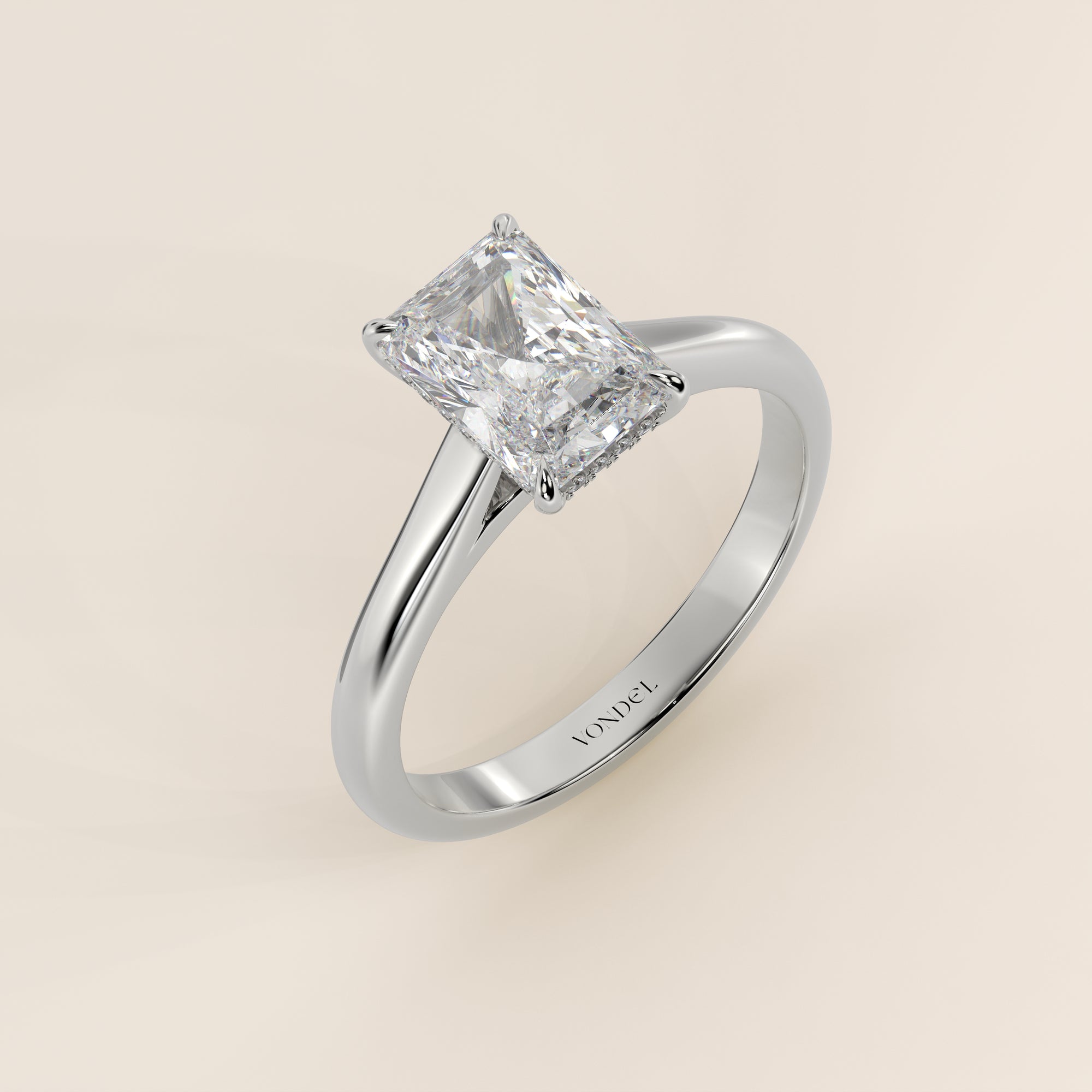 Verlovingsring radiant lab grown diamant met cathedral setting en hidden halo, witgoud