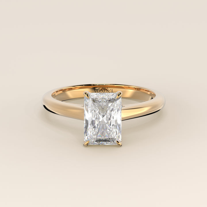 Verlovingsring radiant lab grown diamant met cathedral setting, hidden halo en diamond bridge, geelgoud