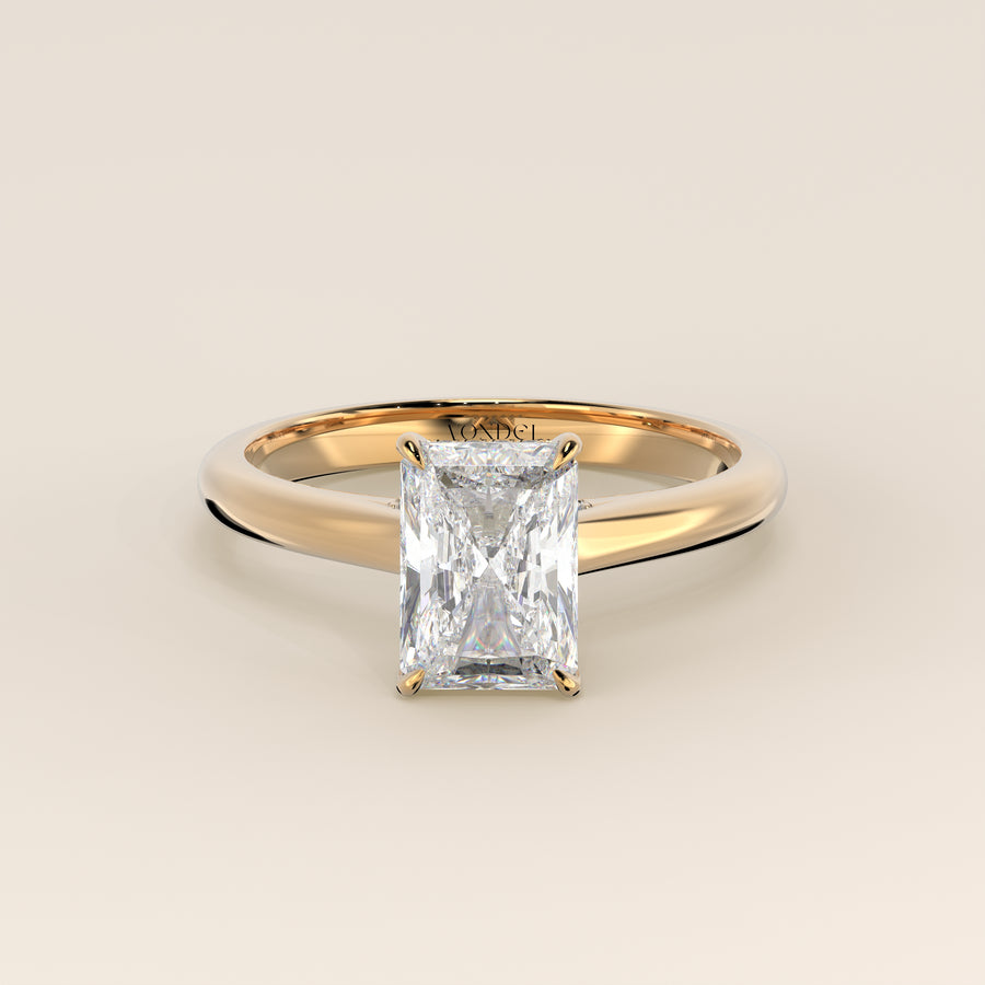 Verlovingsring radiant lab grown diamant met cathedral setting, hidden halo en diamond bridge, geelgoud