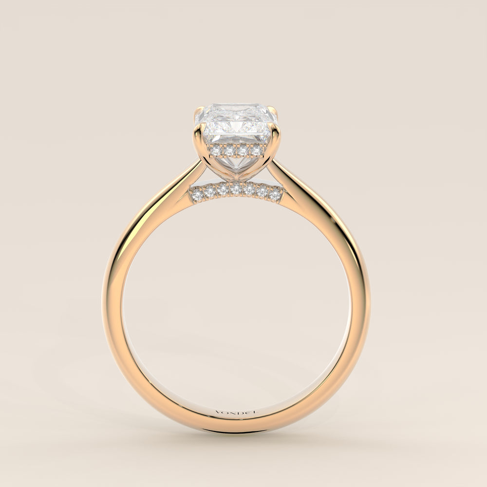 Verlovingsring radiant lab grown diamant met cathedral setting, hidden halo en diamond bridge, geelgoud