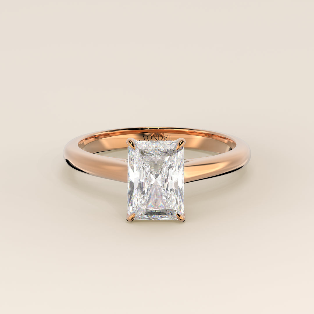 Verlovingsring radiant lab grown diamant met cathedral setting, hidden halo en diamond bridge, rosegoud