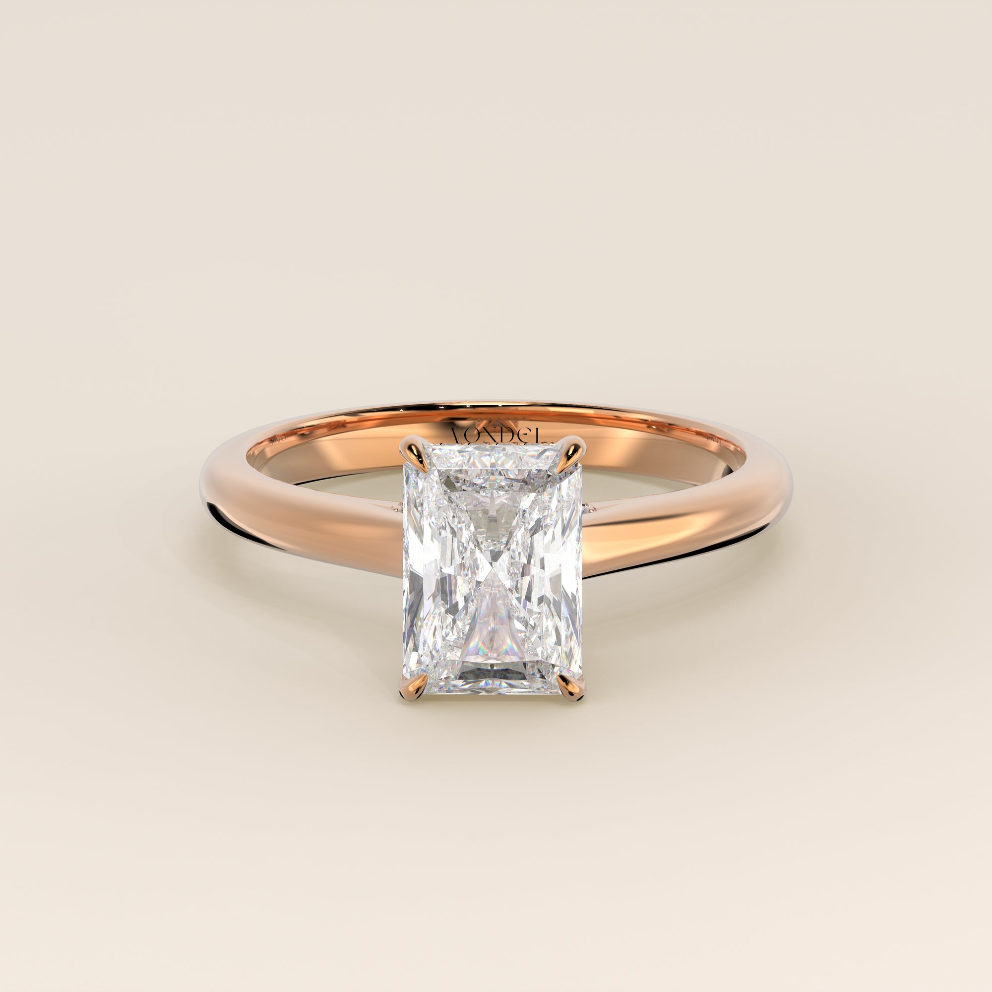 Verlovingsring radiant lab grown diamant met cathedral setting, hidden halo en diamond bridge, rosegoud