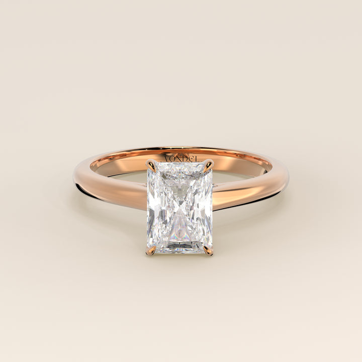 Verlovingsring radiant lab grown diamant met cathedral setting, hidden halo en diamond bridge, rosegoud