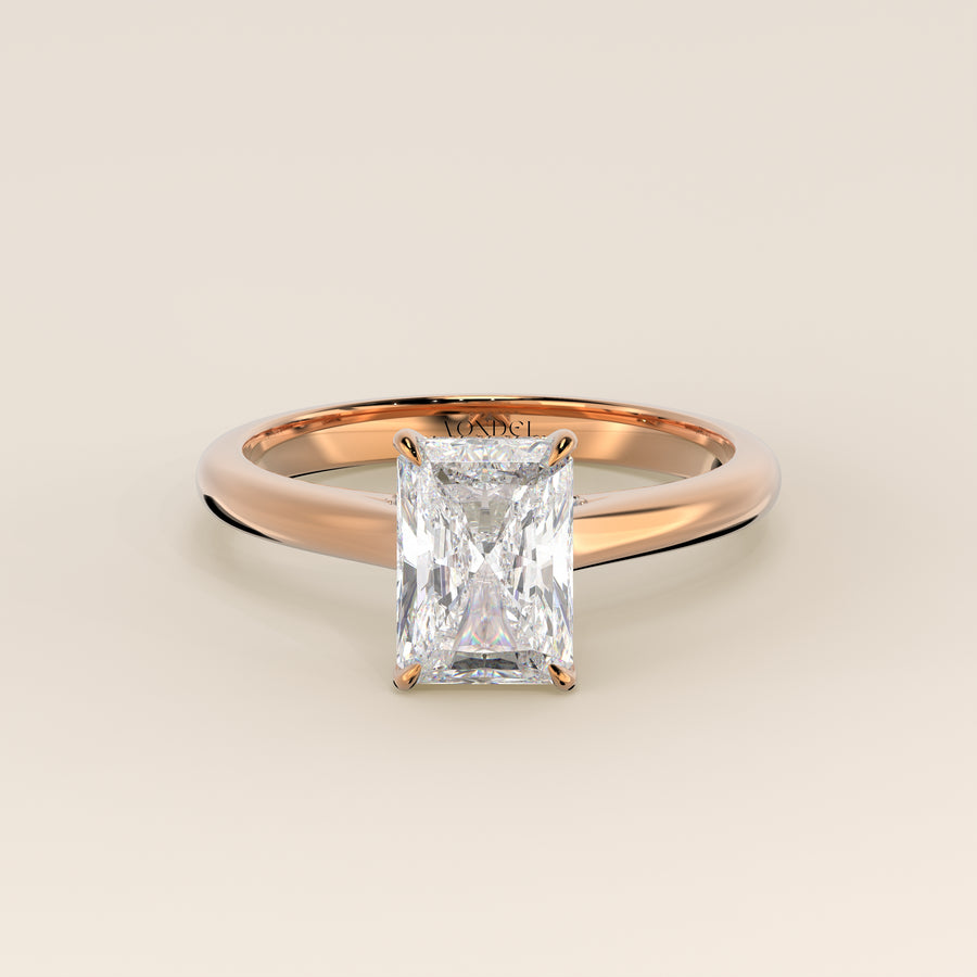 Verlovingsring radiant lab grown diamant met cathedral setting, hidden halo en diamond bridge, rosegoud