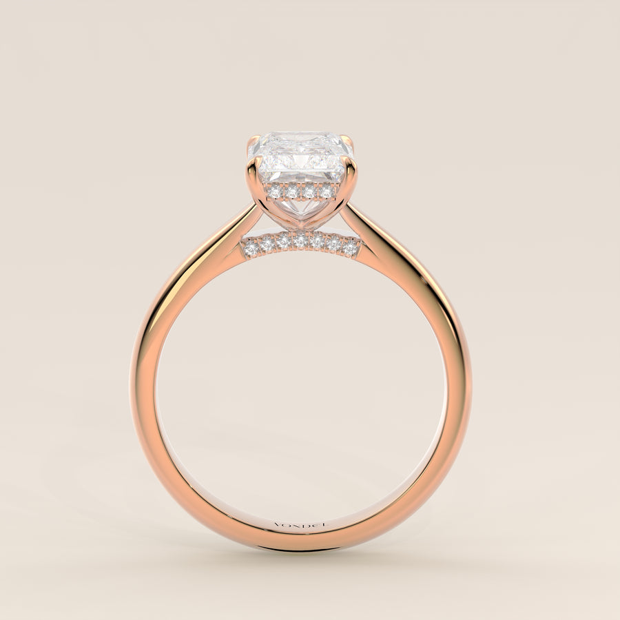 Verlovingsring radiant lab grown diamant met cathedral setting, hidden halo en diamond bridge, rosegoud