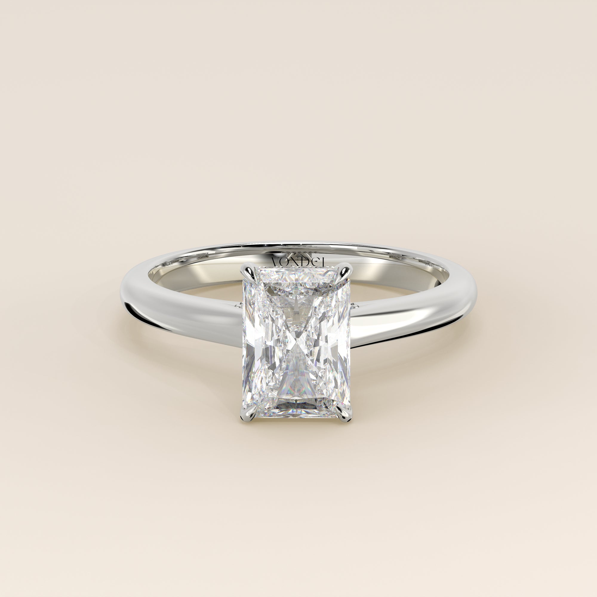 Verlovingsring radiant lab grown diamant met cathedral setting, hidden halo en diamond bridge, witgoud