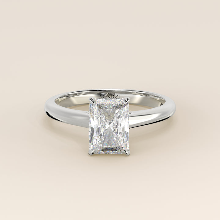 Verlovingsring radiant lab grown diamant met cathedral setting, hidden halo en diamond bridge, witgoud