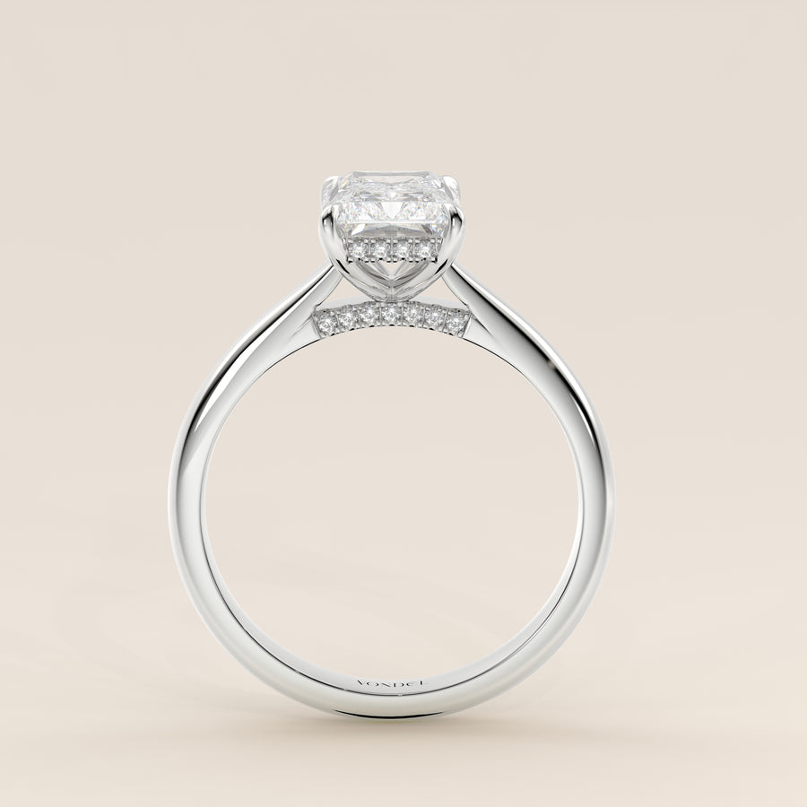 Verlovingsring radiant lab grown diamant met cathedral setting, hidden halo en diamond bridge, witgoud