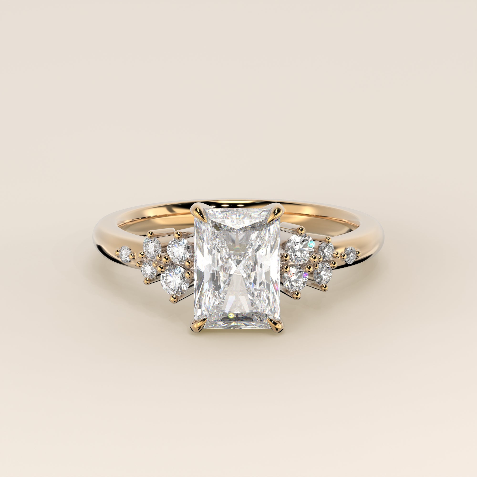 Verlovingsring radiant lab grown diamant met hidden halo en lage zetting, geelgoud