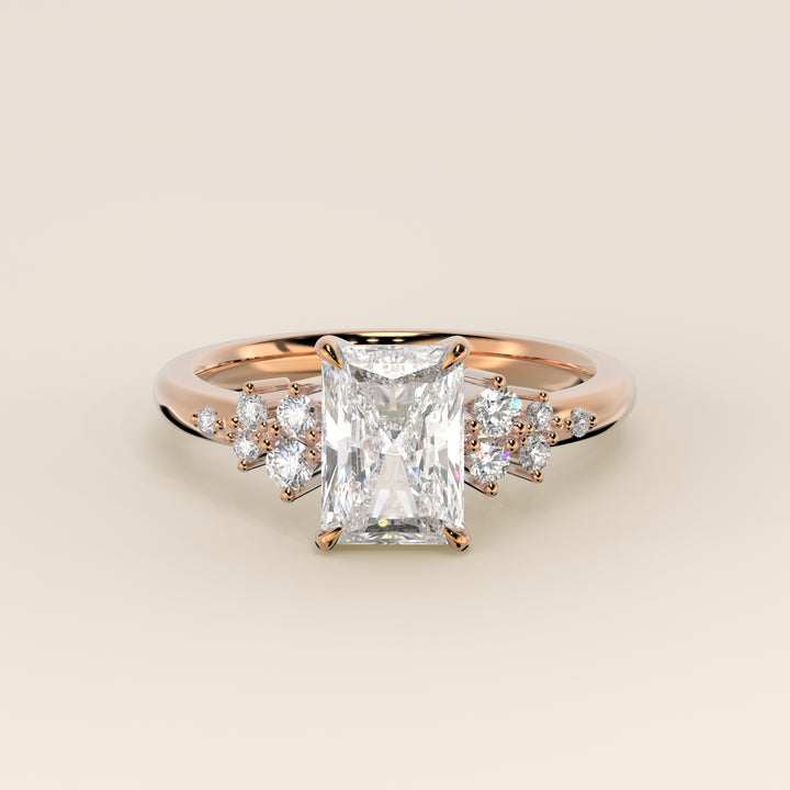 Verlovingsring radiant lab grown diamant met hidden halo en lage zetting, rosegoud