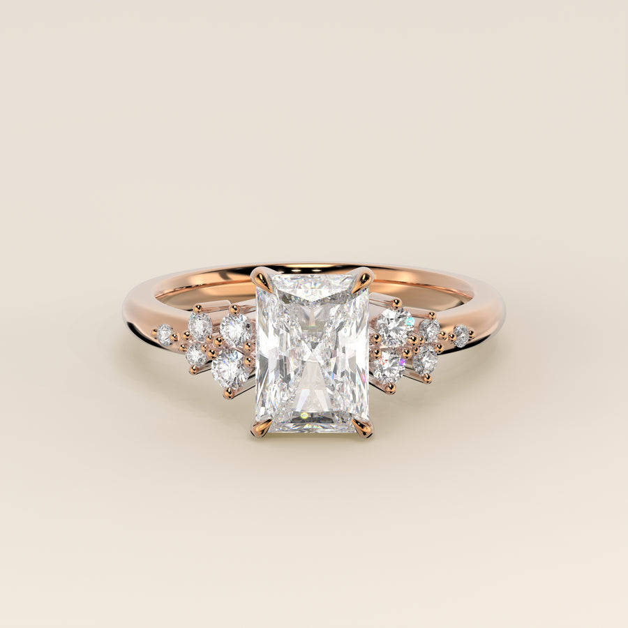 Verlovingsring radiant lab grown diamant met hidden halo en lage zetting, rosegoud