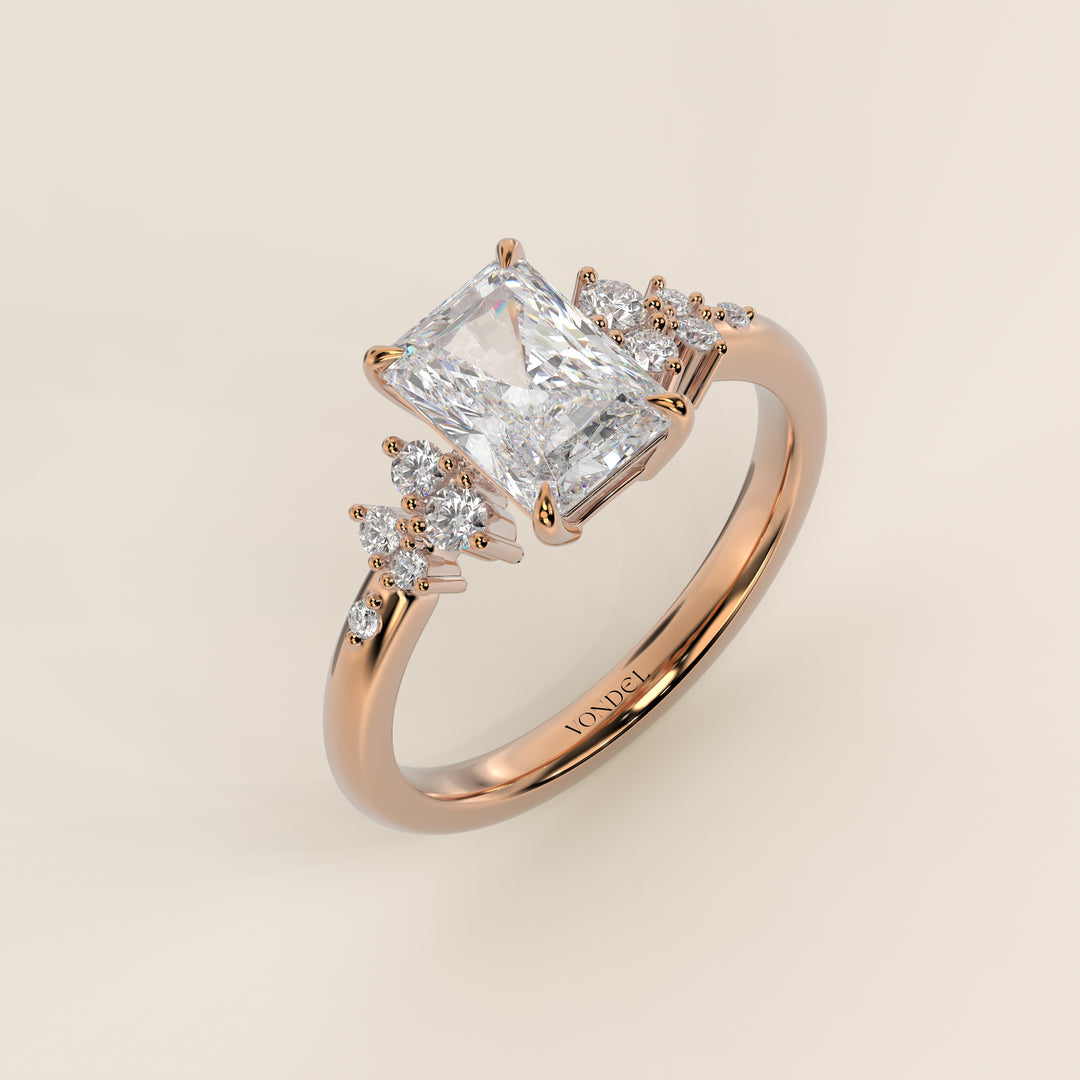 Verlovingsring radiant lab grown diamant met hidden halo en lage zetting, rosegoud
