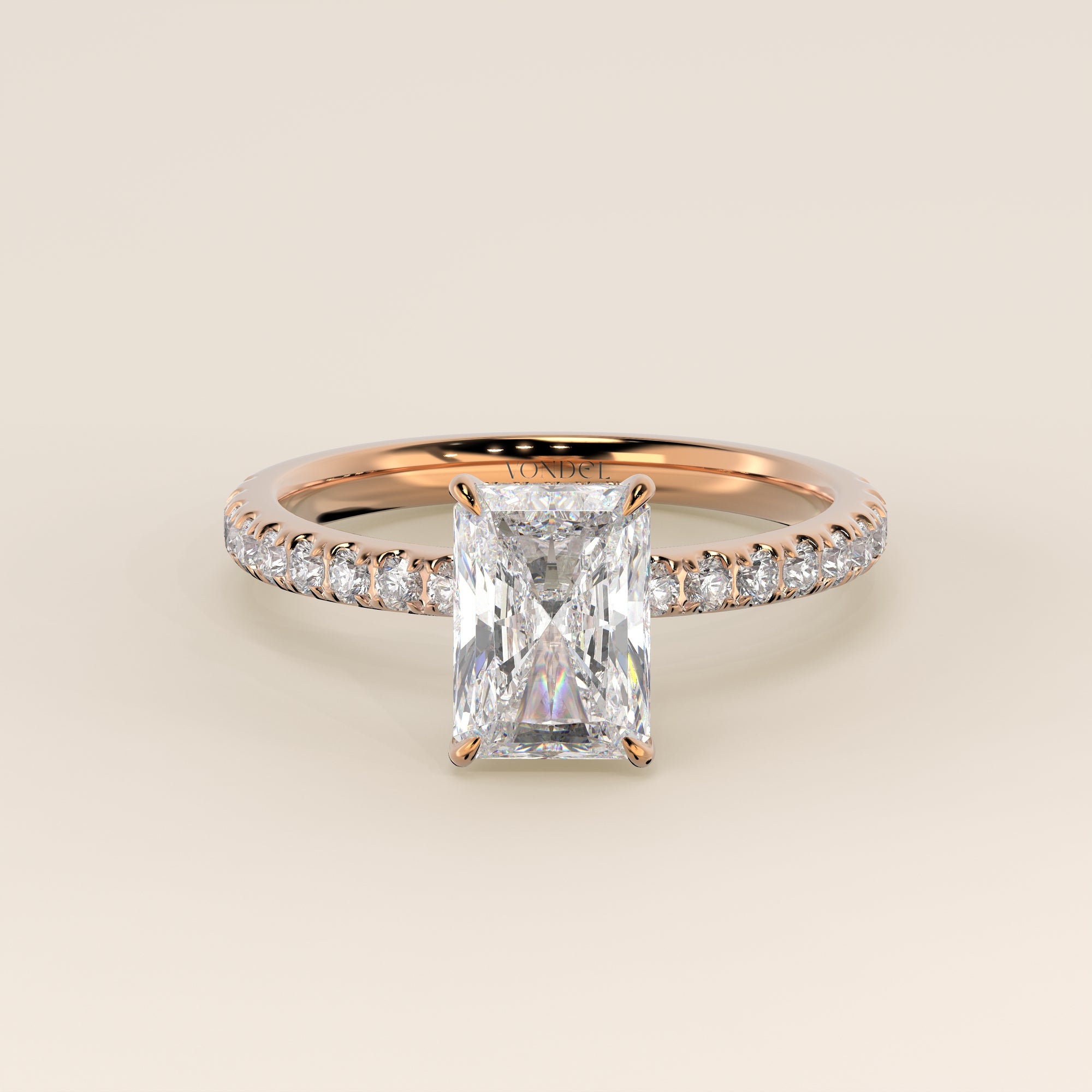 Verlovingsring radiant lab grown diamant met hidden halo en pave band, rosegoud