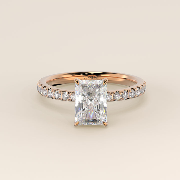 Verlovingsring radiant lab grown diamant met hidden halo en pave band, rosegoud