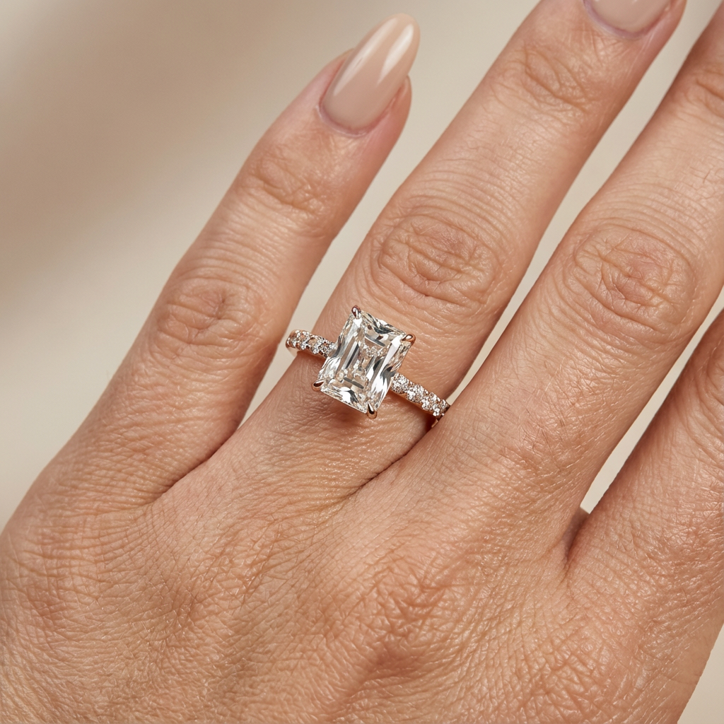 Verlovingsring radiant lab grown diamant met hidden halo en pave band, rosegoud