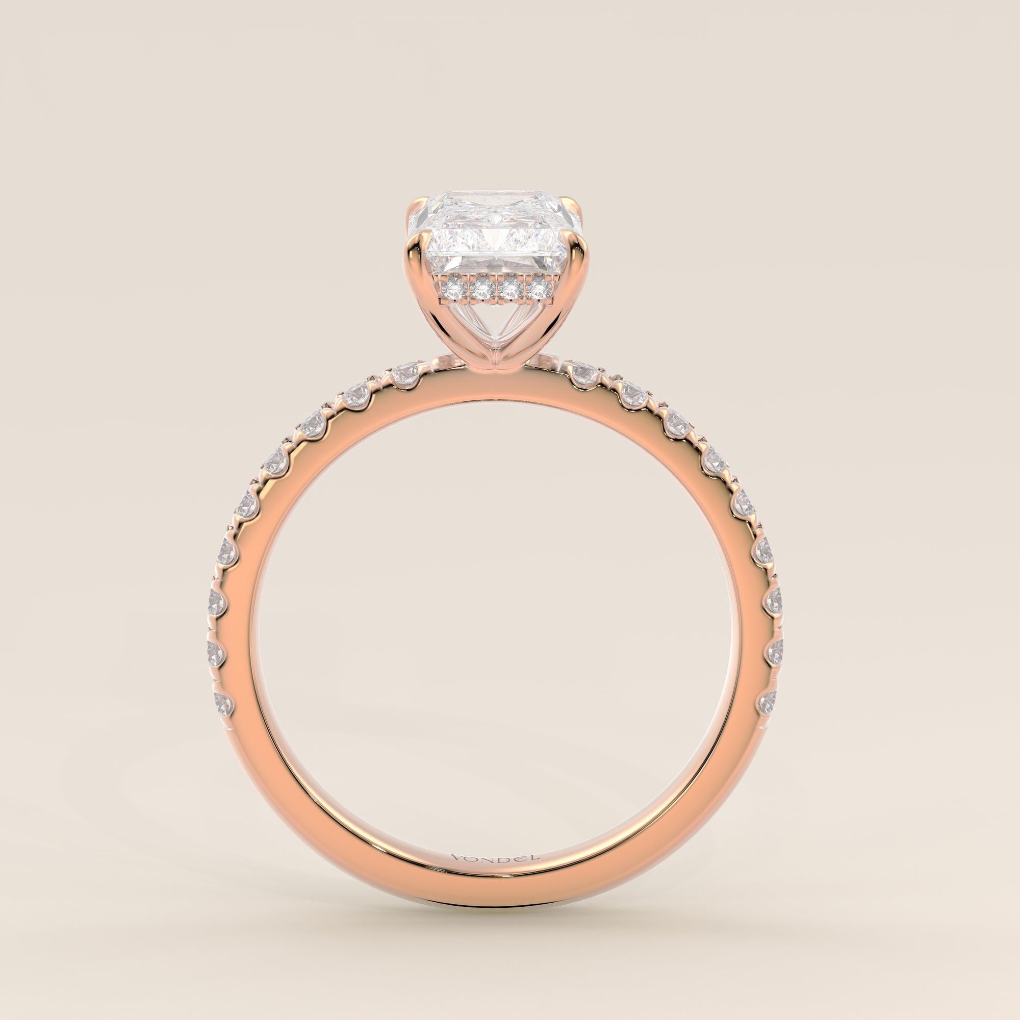 Verlovingsring radiant lab grown diamant met hidden halo en pave band, rosegoud