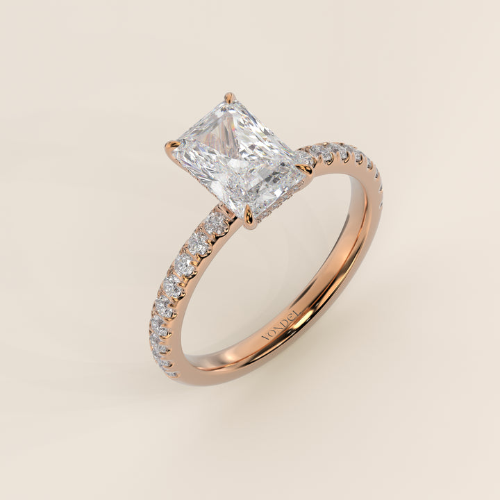 Verlovingsring radiant lab grown diamant met hidden halo en pave band, rosegoud