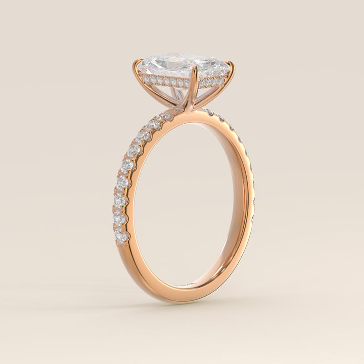 Verlovingsring radiant lab grown diamant met hidden halo en pave band, rosegoud