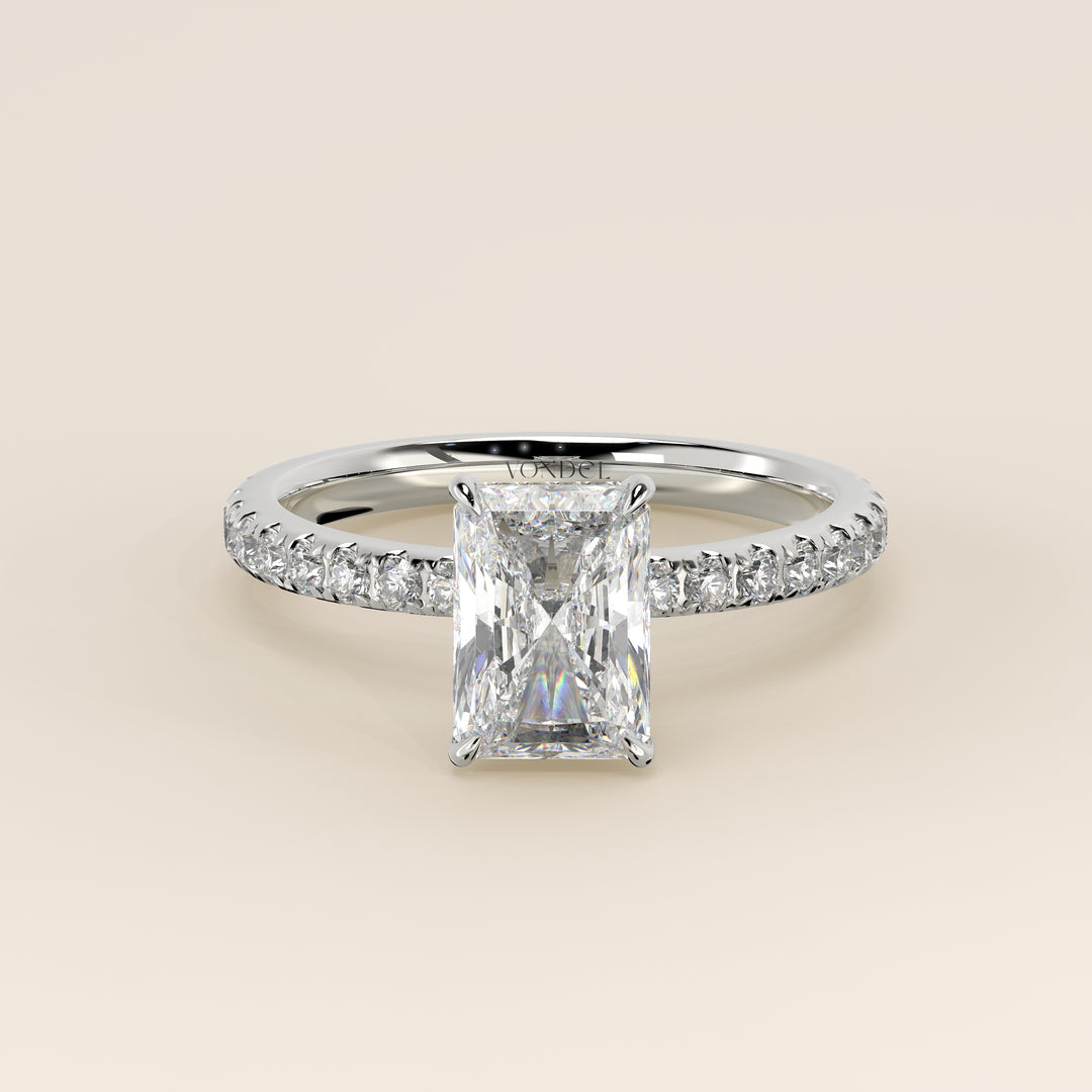 Verlovingsring radiant lab grown diamant met hidden halo en pave band, witgoud