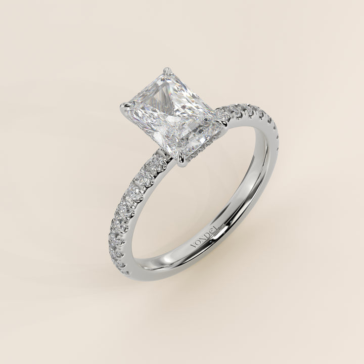 Verlovingsring radiant lab grown diamant met hidden halo en pave band, witgoud