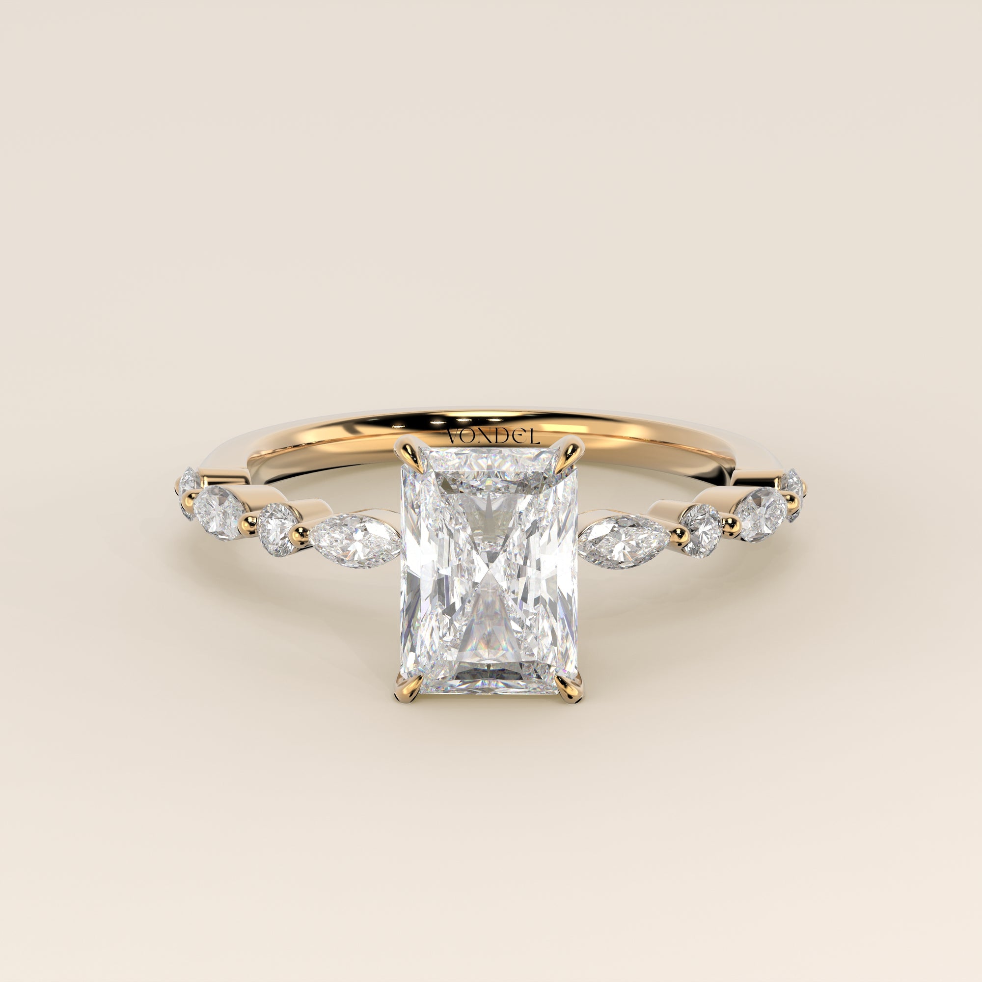 Verlovingsring radiant lab grown diamant met marquise- en ronde diamantband, geelgoud