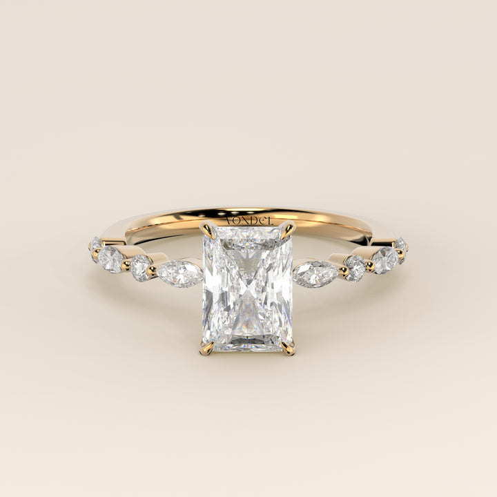 Verlovingsring radiant lab grown diamant met marquise- en ronde diamantband, geelgoud