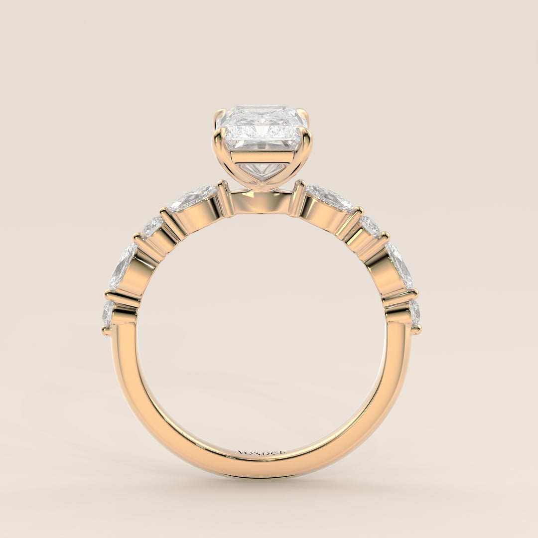 Verlovingsring radiant lab grown diamant met marquise- en ronde diamantband, geelgoud