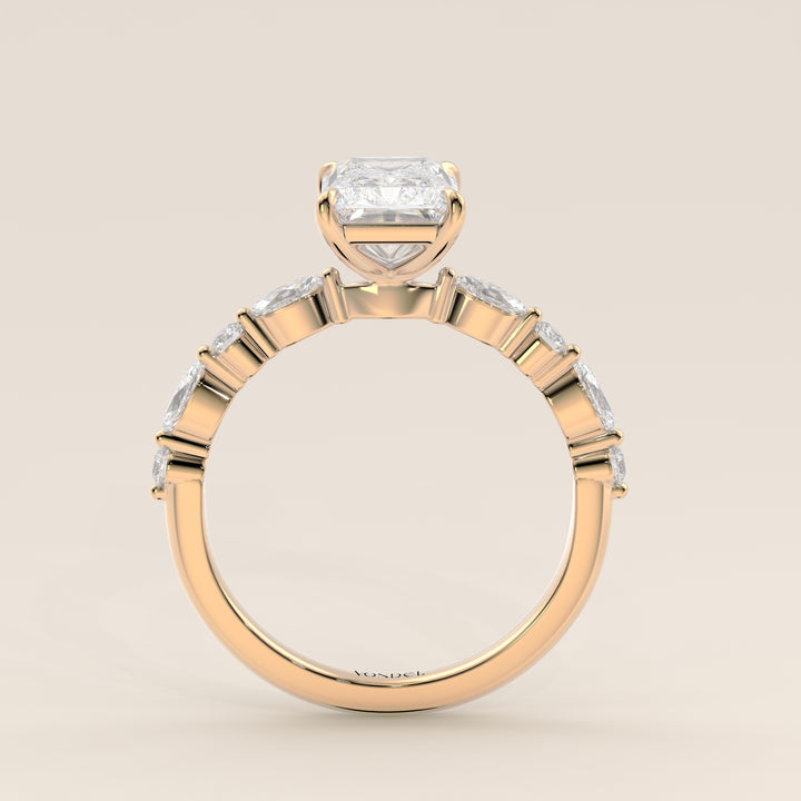 Verlovingsring radiant lab grown diamant met marquise- en ronde diamantband, geelgoud